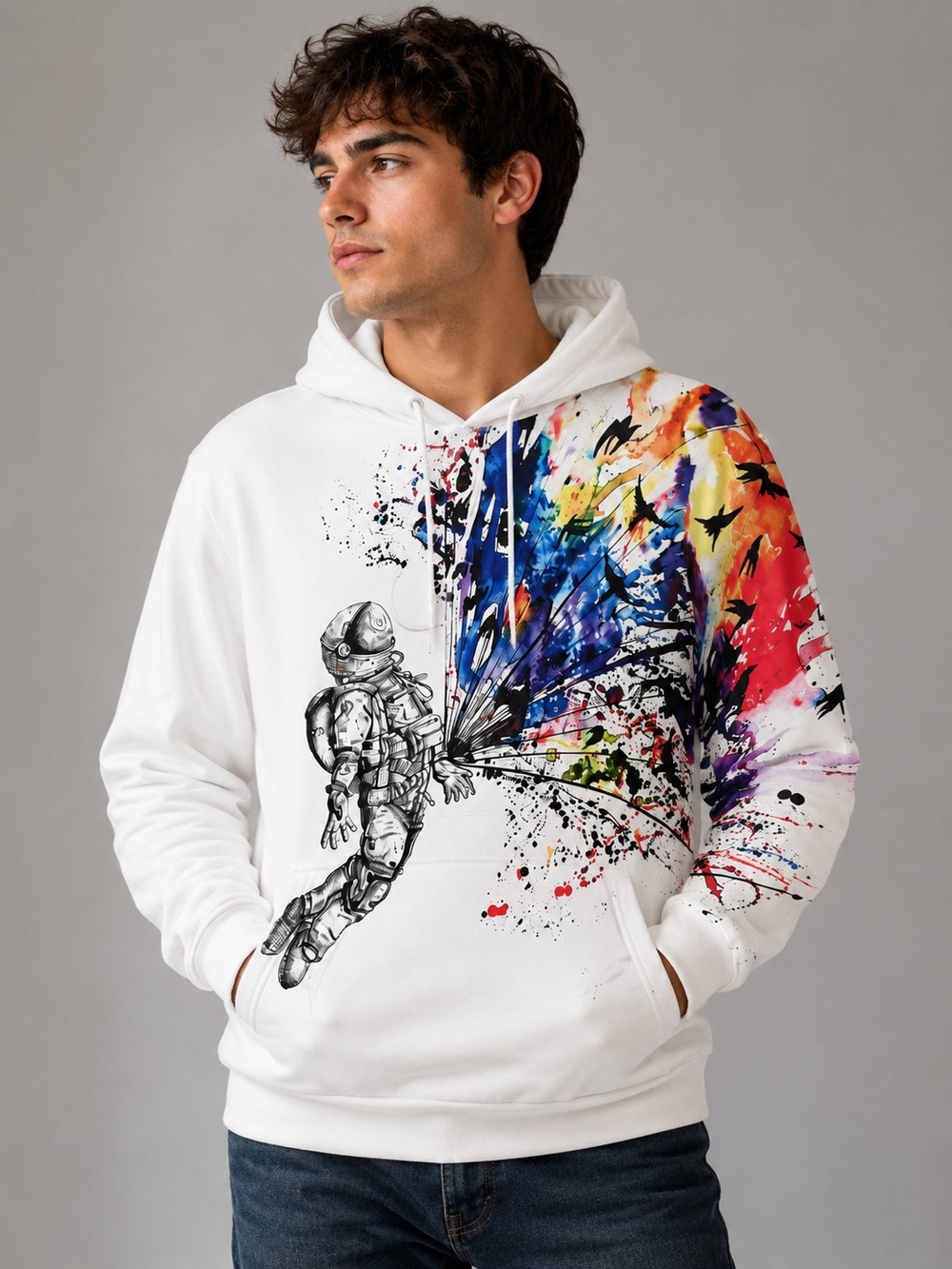 Men’s Medium Astronaut Watercolor Graphic Pullover Hoodie White Multicolor